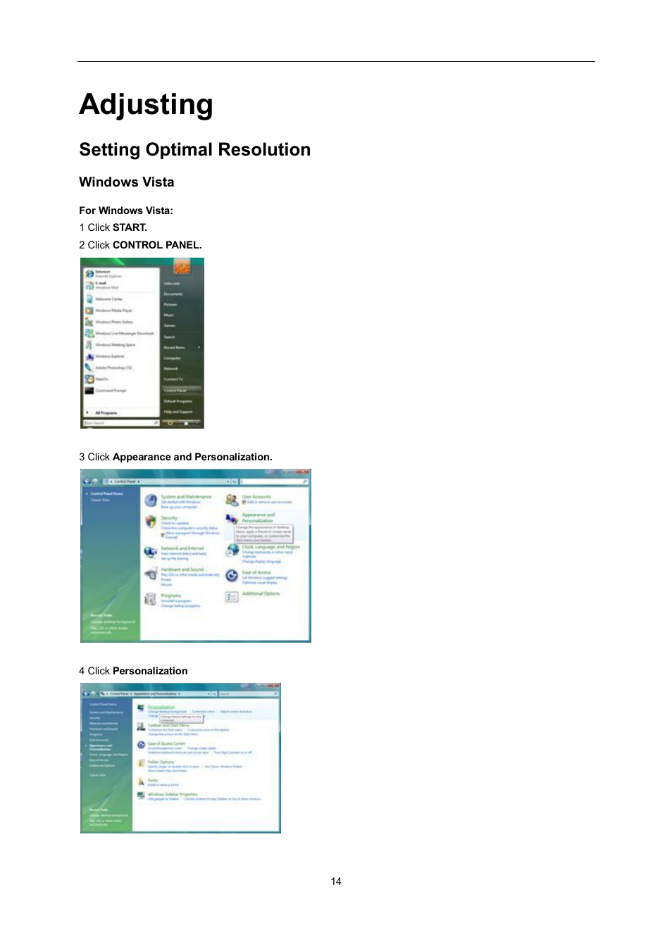 Adjusting, Setting optimal resolution | AOC e2462Vwh User Manual | Page 14 / 58