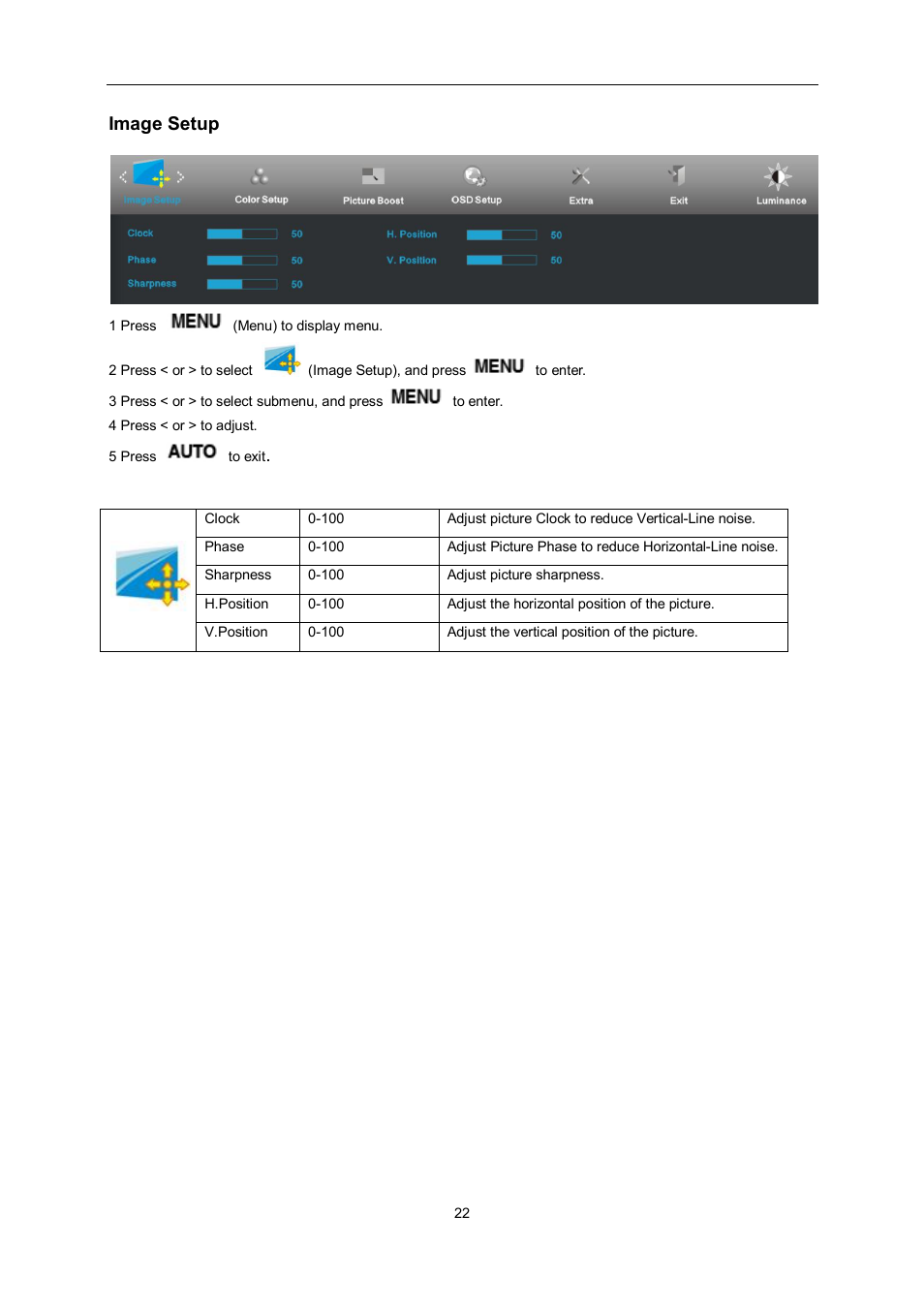 Image setup | AOC e2462Vwh User Manual | Page 22 / 58