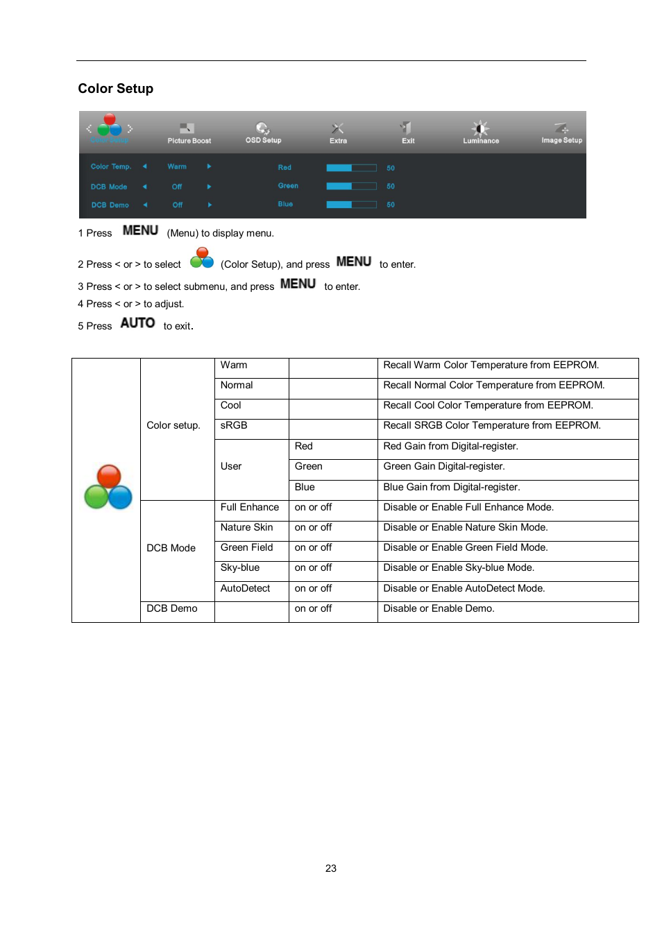 Color setup | AOC e2462Vwh User Manual | Page 23 / 58