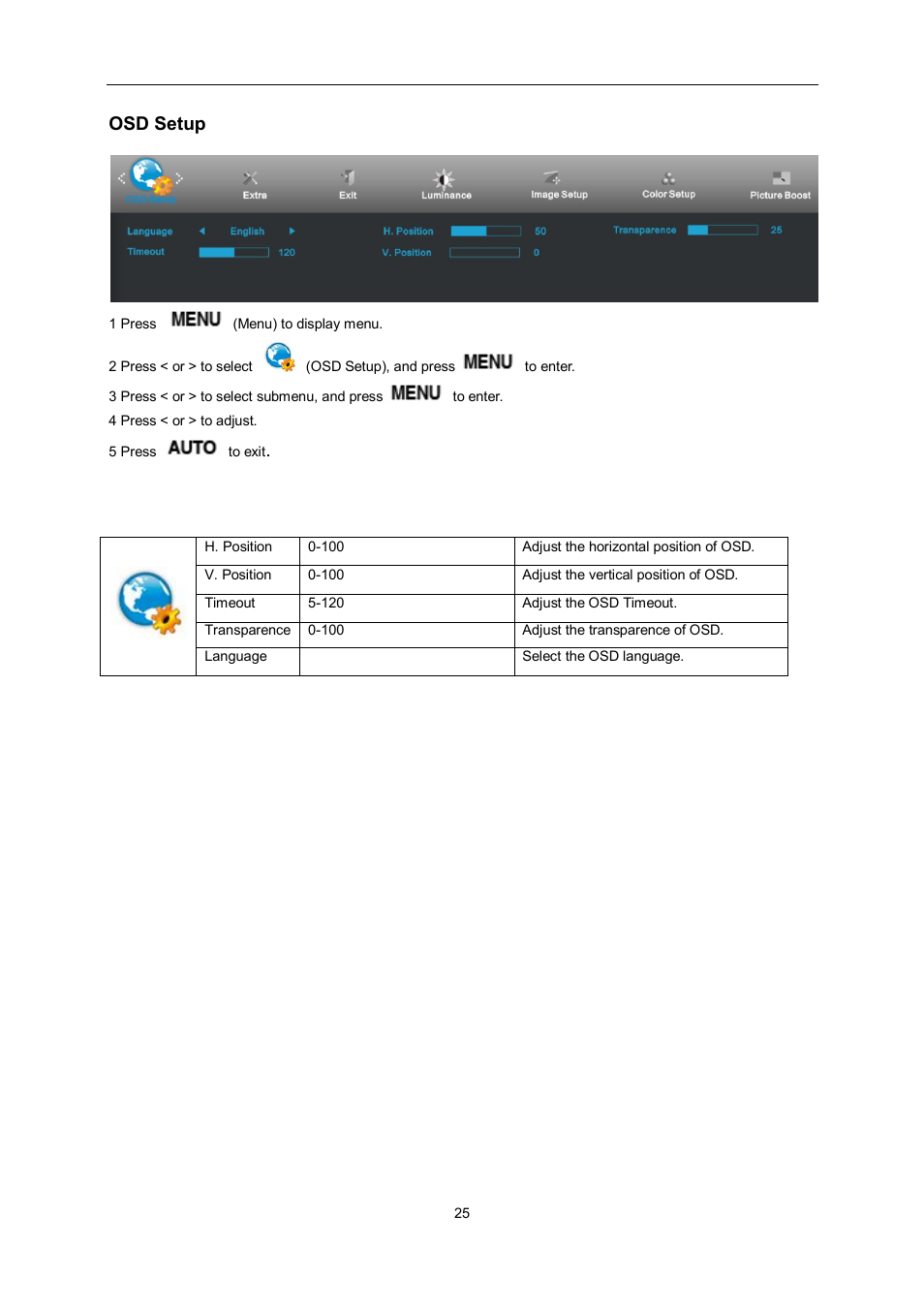 Osd setup | AOC e2462Vwh User Manual | Page 25 / 58