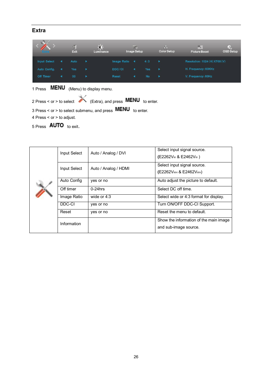 Extra | AOC e2462Vwh User Manual | Page 26 / 58