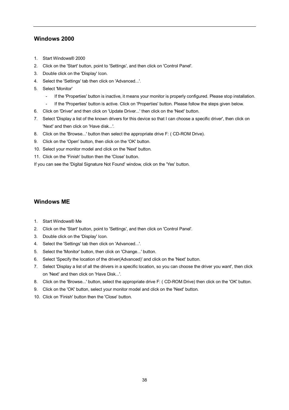 Windows 2000, Windows me | AOC e2462Vwh User Manual | Page 38 / 58