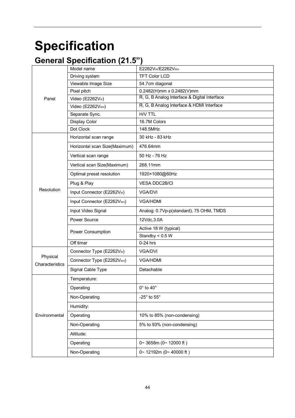 Specification, General specification (21.5”) | AOC e2462Vwh User Manual | Page 44 / 58