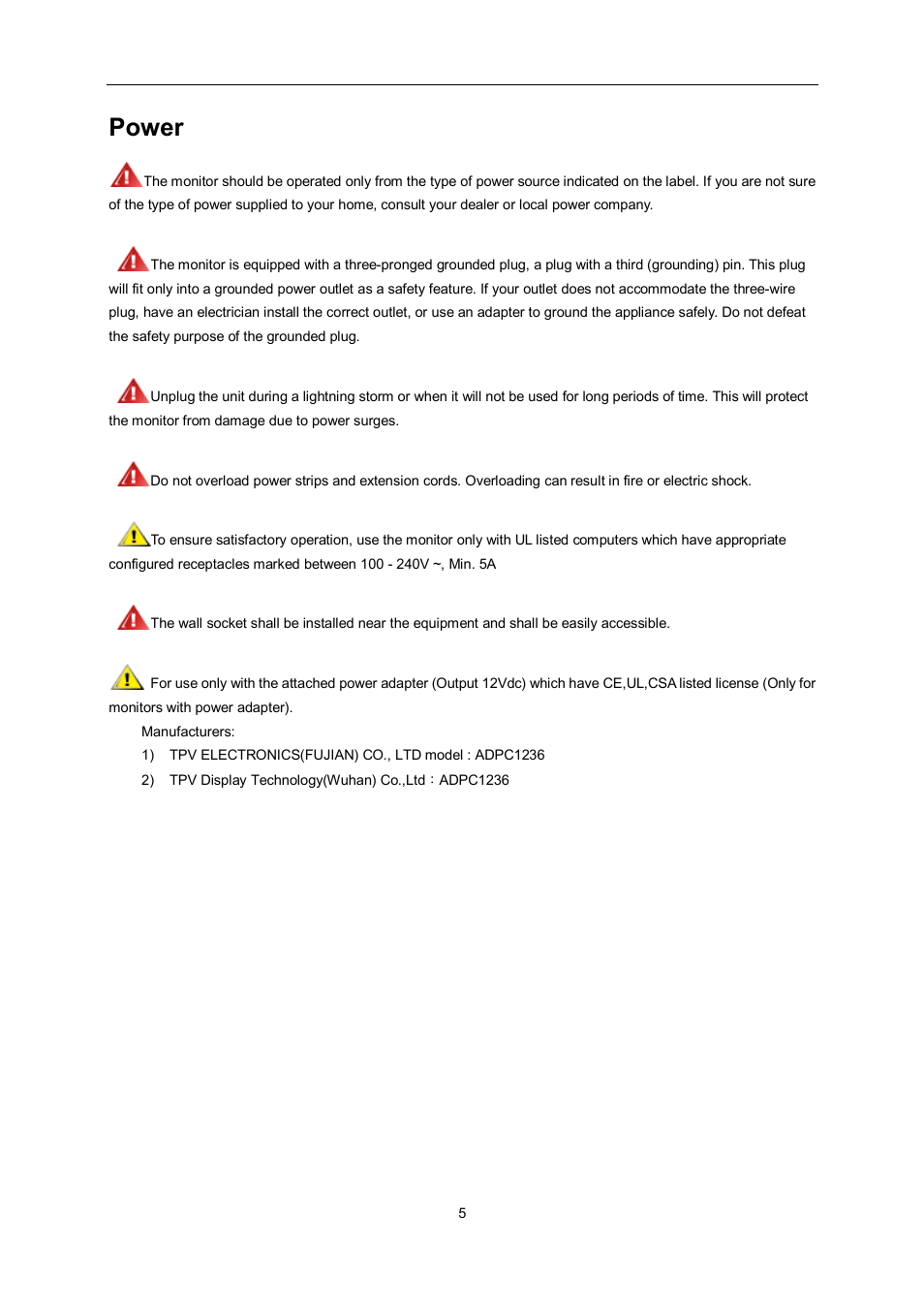 Power | AOC e2462Vwh User Manual | Page 5 / 58