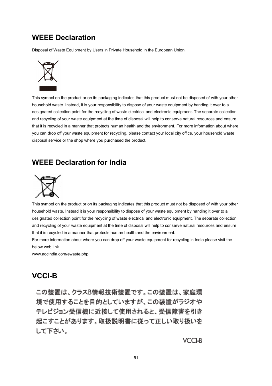 Weee declaration, Weee declaration for india, Vcci-b | AOC e2462Vwh User Manual | Page 51 / 58