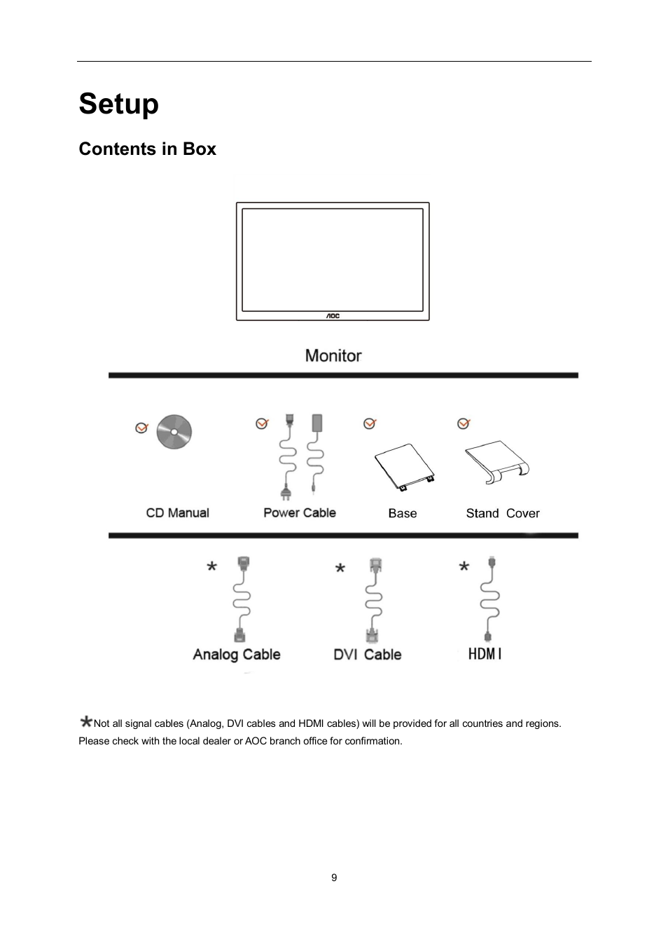 Setup, Contents in box | AOC e2462Vwh User Manual | Page 9 / 58