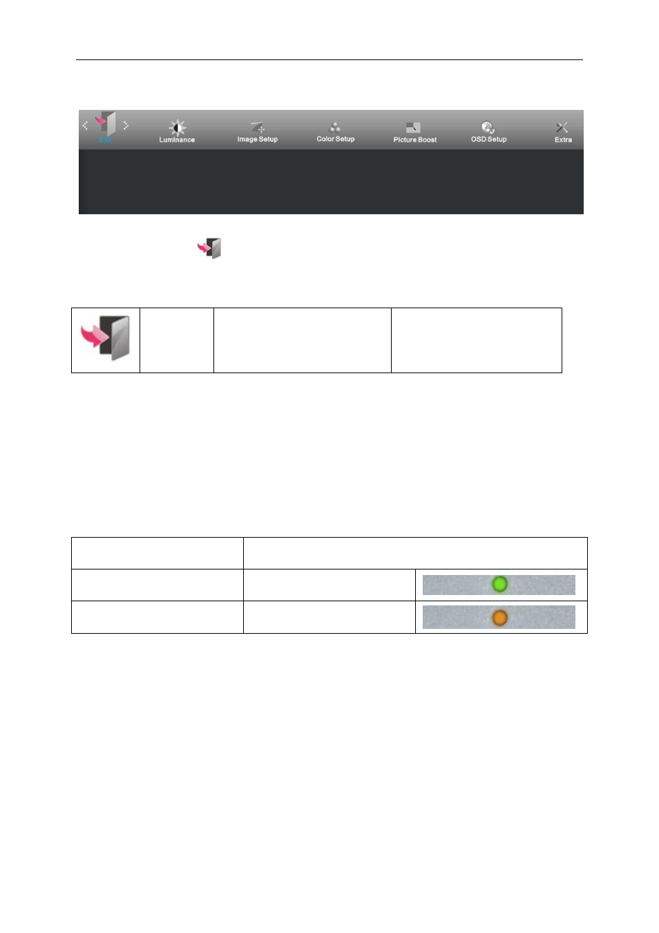 Exit, Led indicator | AOC E2470SWHE User Manual | Page 29 / 60