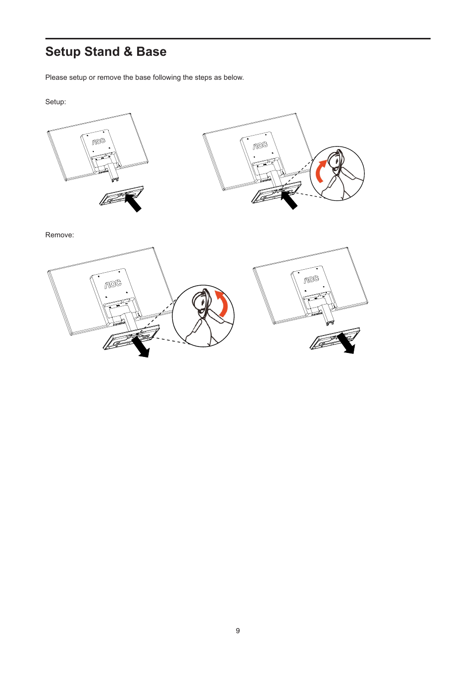 Setup stand & base | AOC E2476VWM6 User Manual | Page 10 / 73