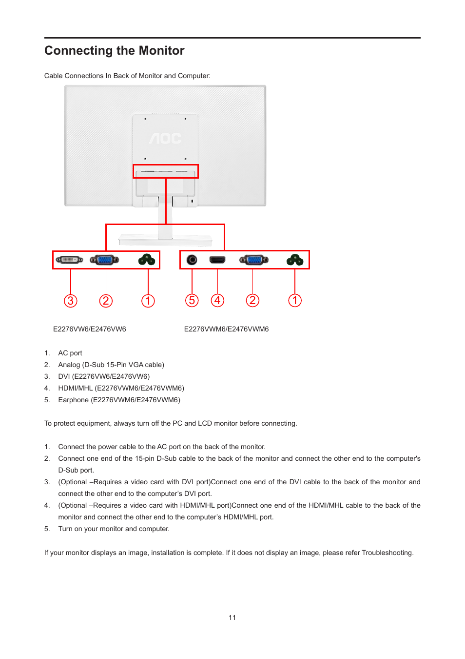 Connecting the monitor | AOC E2476VWM6 User Manual | Page 12 / 73