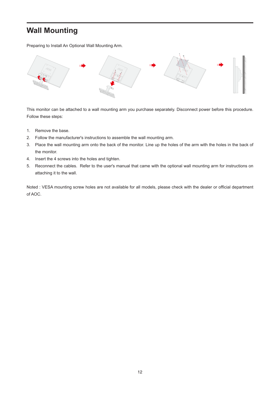 Wall mounting | AOC E2476VWM6 User Manual | Page 13 / 73