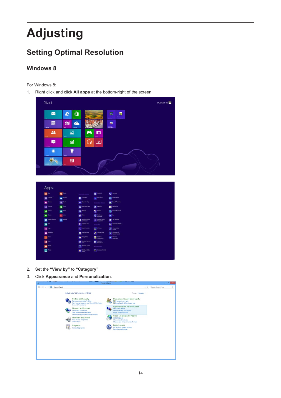 Adjusting, Setting optimal resolution, Windows 8 | AOC E2476VWM6 User Manual | Page 15 / 73