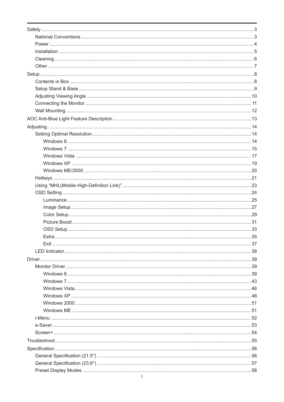 AOC E2476VWM6 User Manual | Page 2 / 73