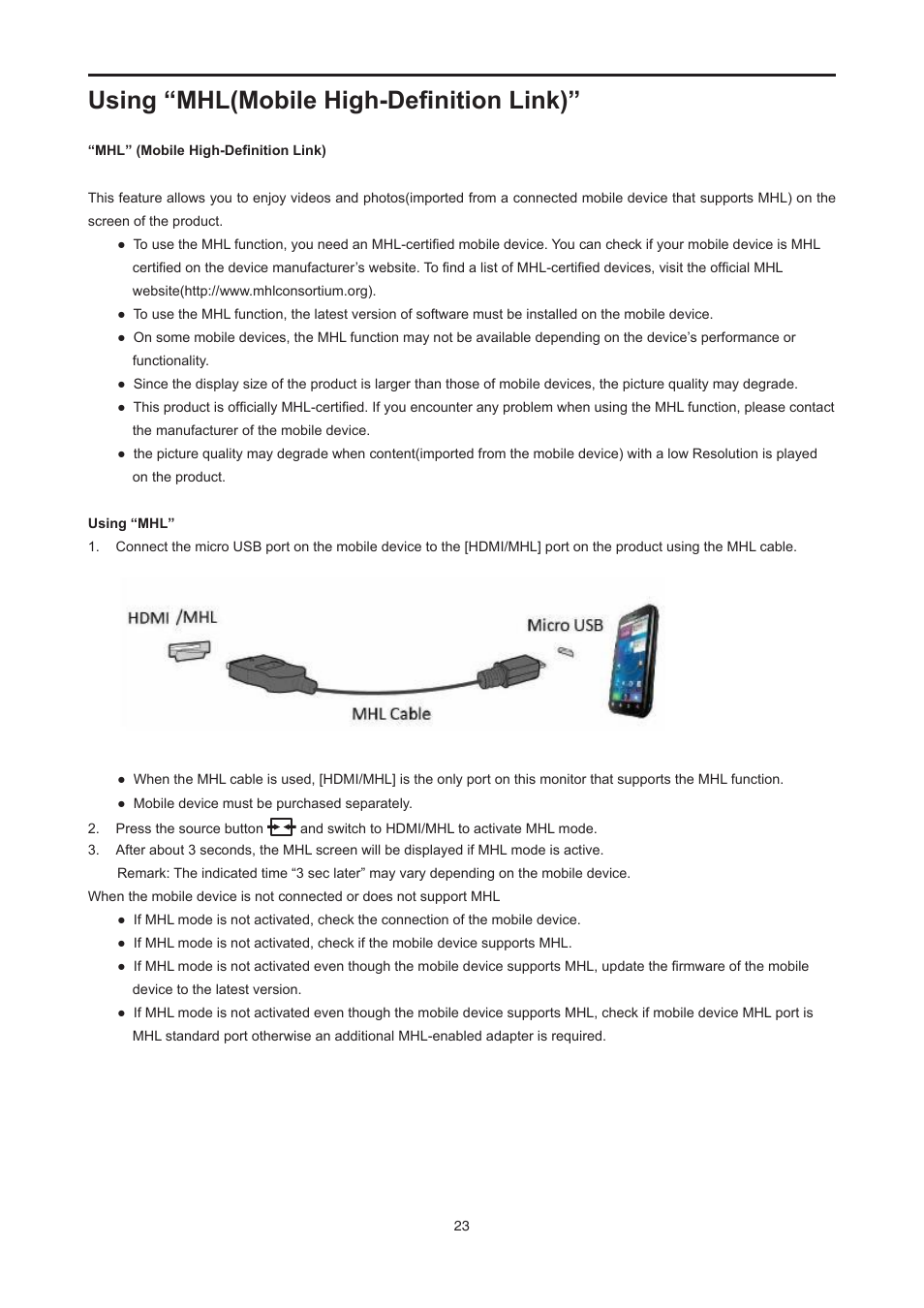 Using “mhl(mobile high-definition link) | AOC E2476VWM6 User Manual | Page 24 / 73