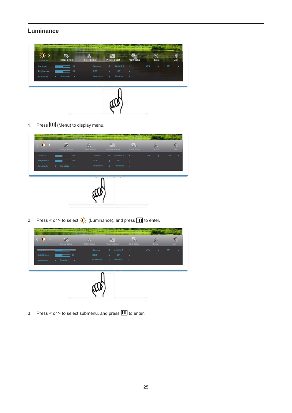 Luminance, Press (menu) to display menu, Press < or > to select submenu, and press to enter | AOC E2476VWM6 User Manual | Page 26 / 73
