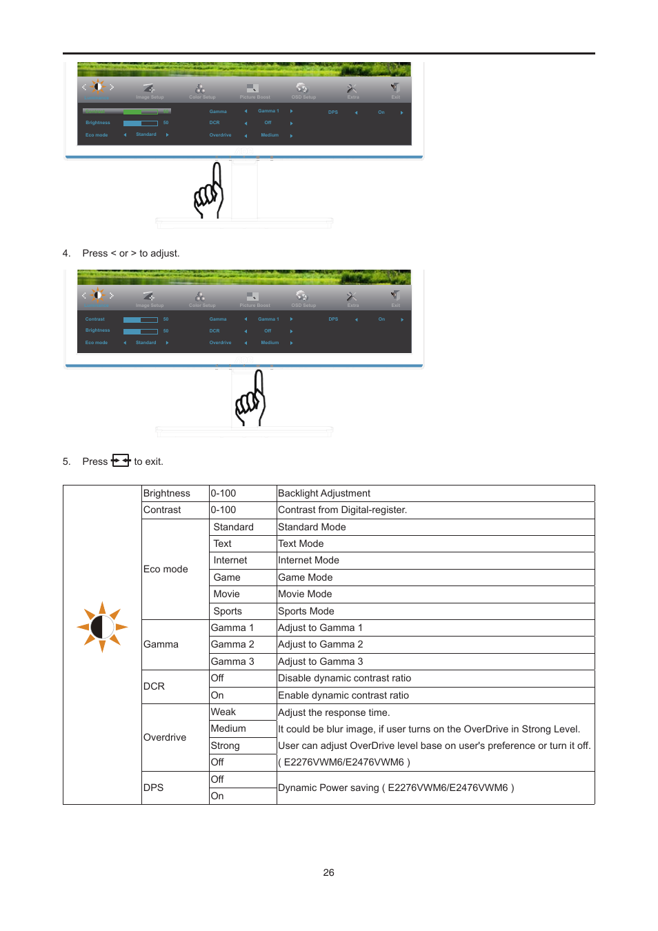 Press < or > to adjust | AOC E2476VWM6 User Manual | Page 27 / 73