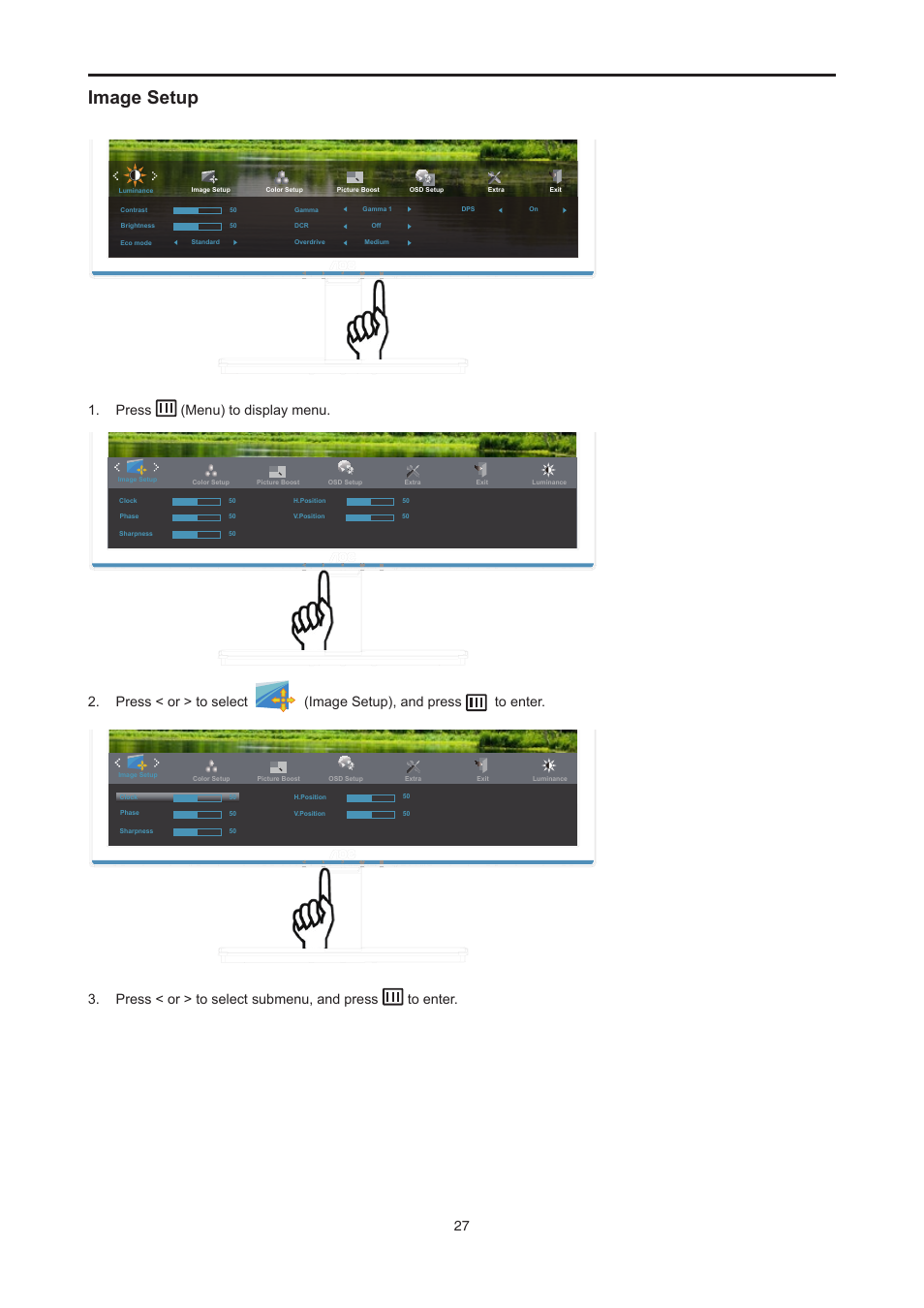 Image setup, Press (menu) to display menu, Press < or > to select submenu, and press to enter | AOC E2476VWM6 User Manual | Page 28 / 73