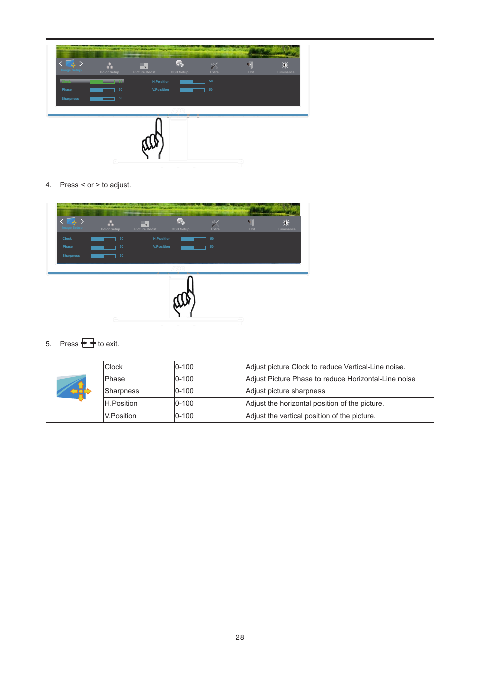 Press < or > to adjust | AOC E2476VWM6 User Manual | Page 29 / 73