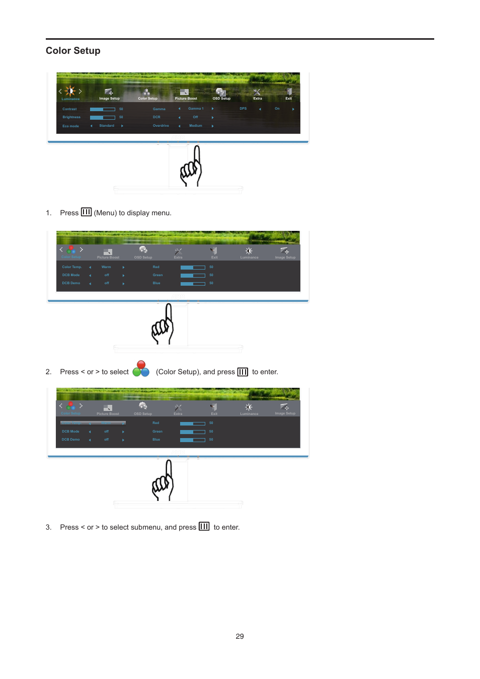 Color setup, Press (menu) to display menu, Press < or > to select submenu, and press to enter | AOC E2476VWM6 User Manual | Page 30 / 73