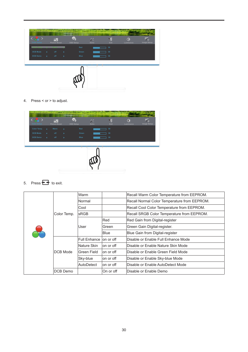 Press < or > to adjust | AOC E2476VWM6 User Manual | Page 31 / 73