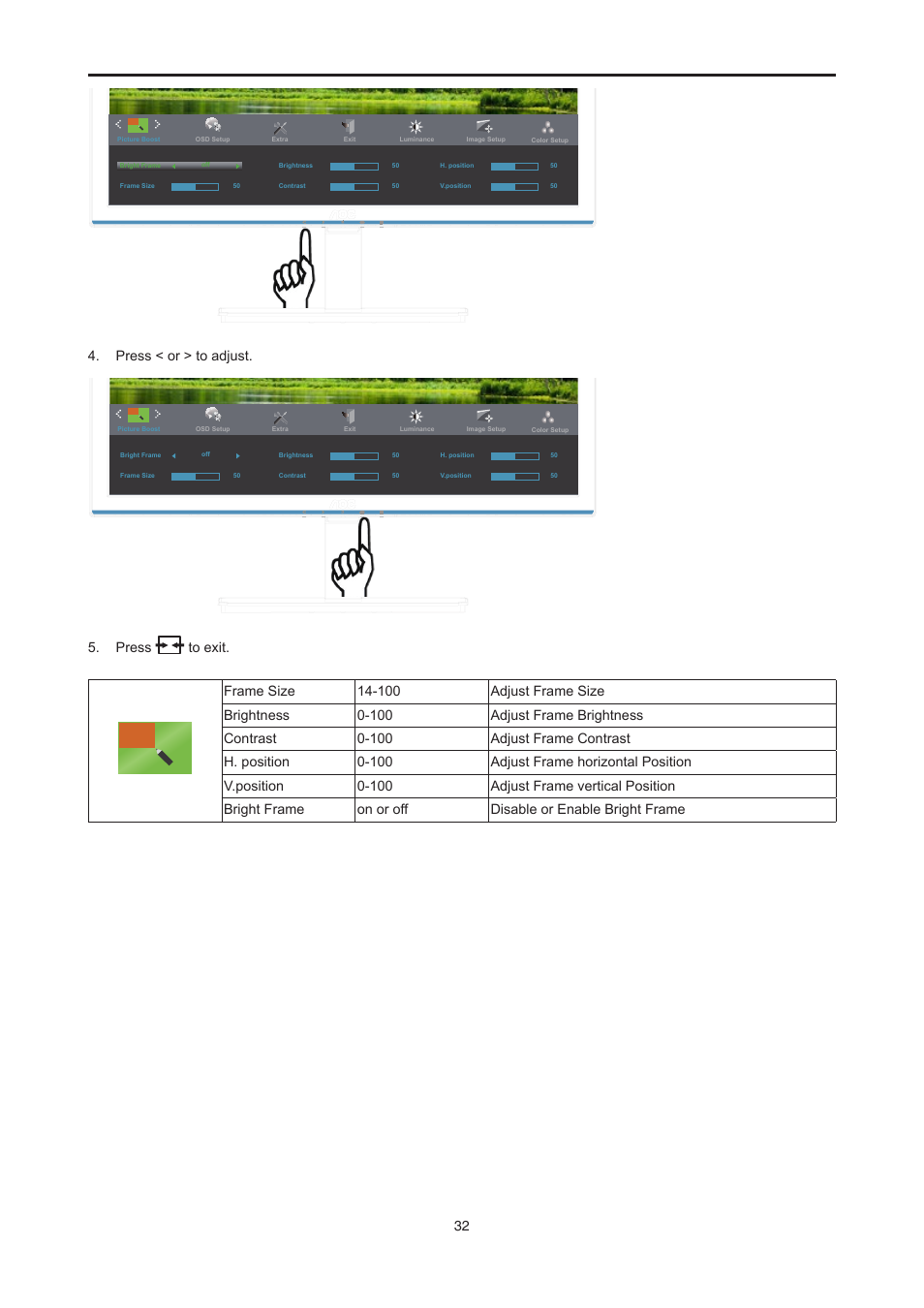 Press < or > to adjust | AOC E2476VWM6 User Manual | Page 33 / 73