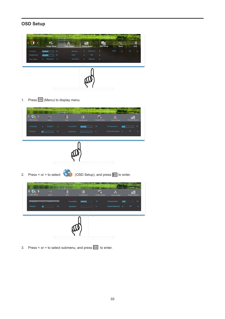 Osd setup, Press (menu) to display menu | AOC E2476VWM6 User Manual | Page 34 / 73