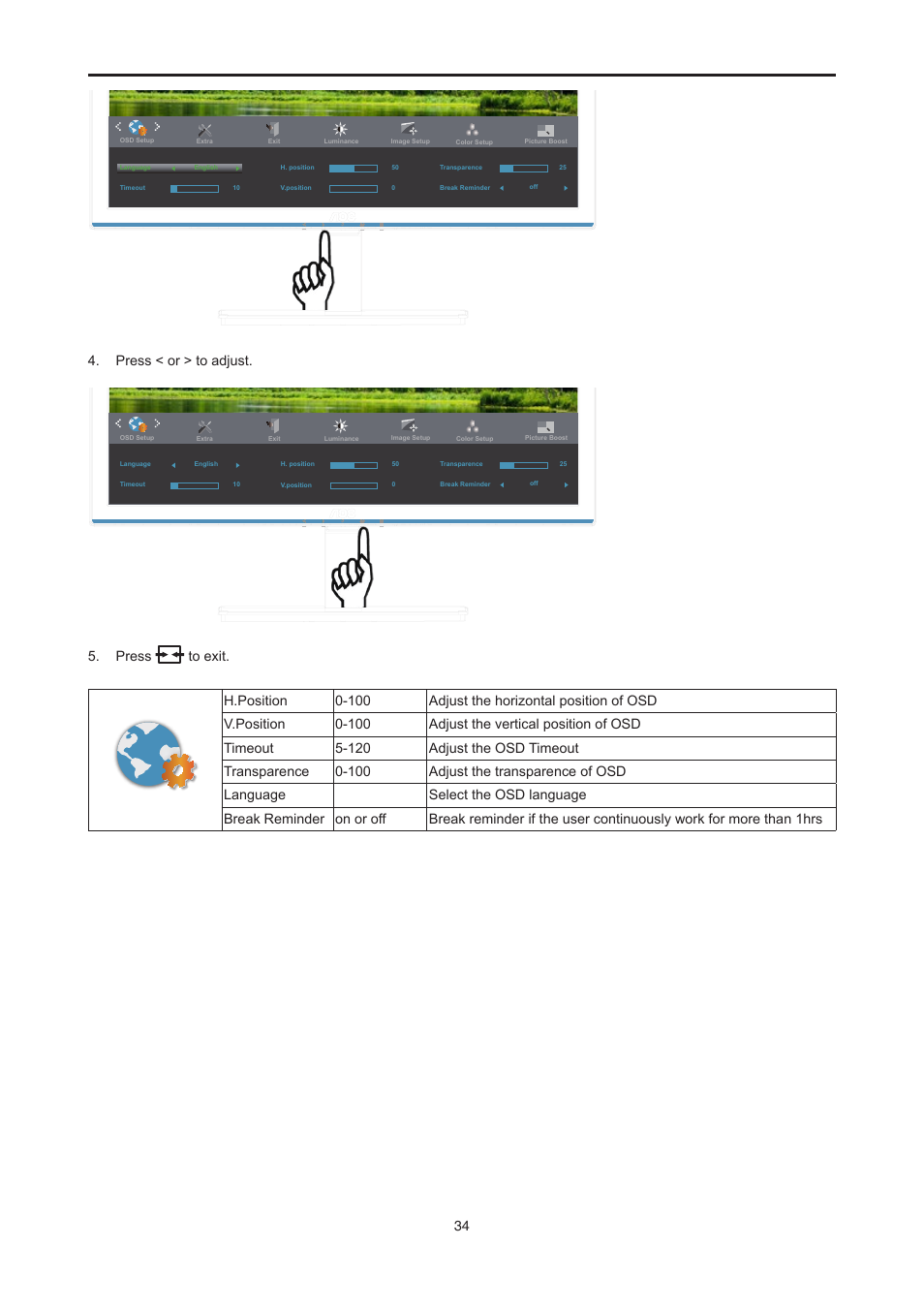 Press < or > to adjust | AOC E2476VWM6 User Manual | Page 35 / 73