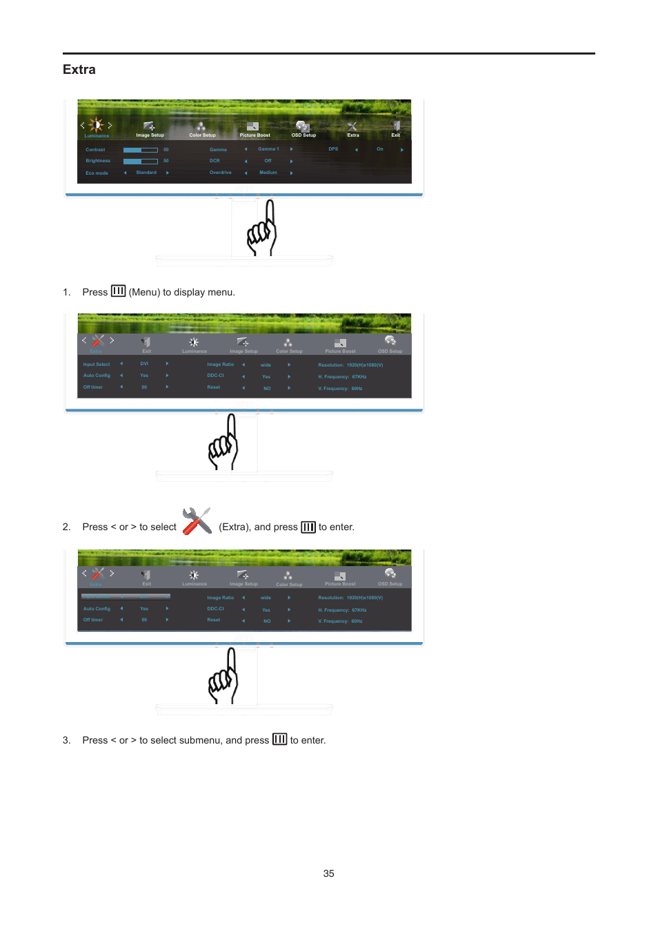 Extra, Press (menu) to display menu, Press < or > to select (extra), and press to enter | Press < or > to select submenu, and press to enter | AOC E2476VWM6 User Manual | Page 36 / 73