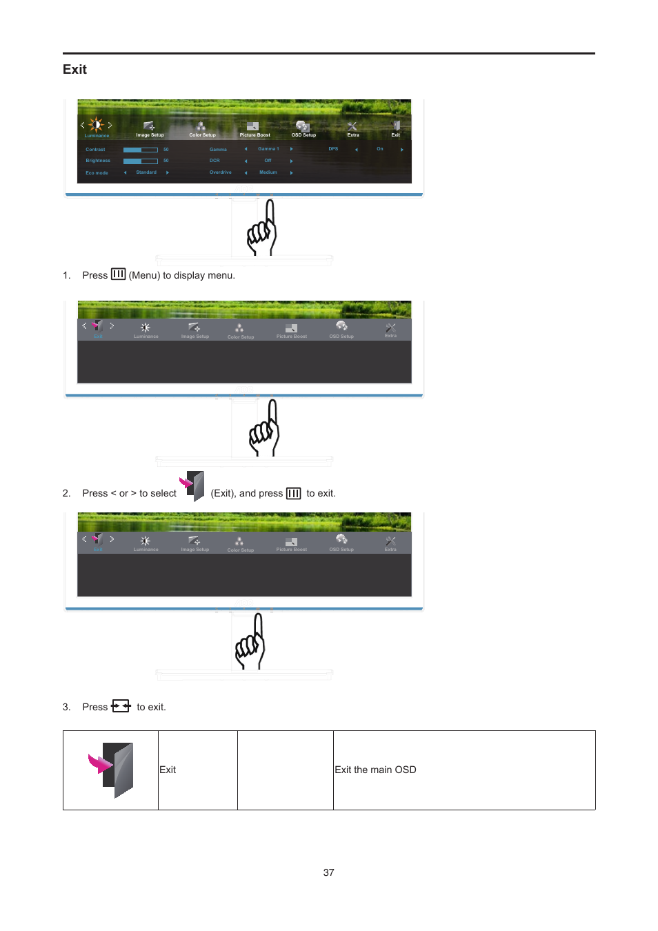Exit, Press (menu) to display menu, Press < or > to select (exit), and press to exit | Press to exit. exit exit the main osd | AOC E2476VWM6 User Manual | Page 38 / 73