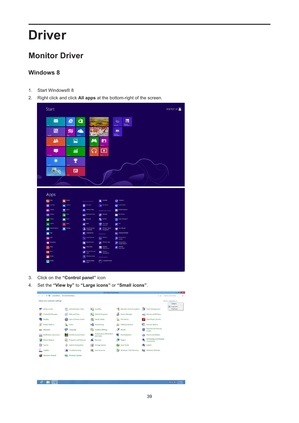 Driver, Monitor driver, Windows 8 | AOC E2476VWM6 User Manual | Page 40 / 73