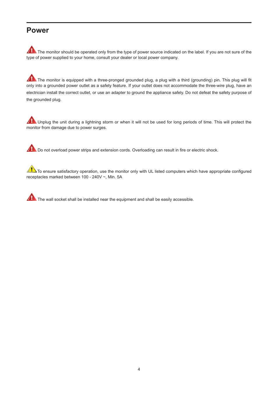 Power | AOC E2476VWM6 User Manual | Page 5 / 73