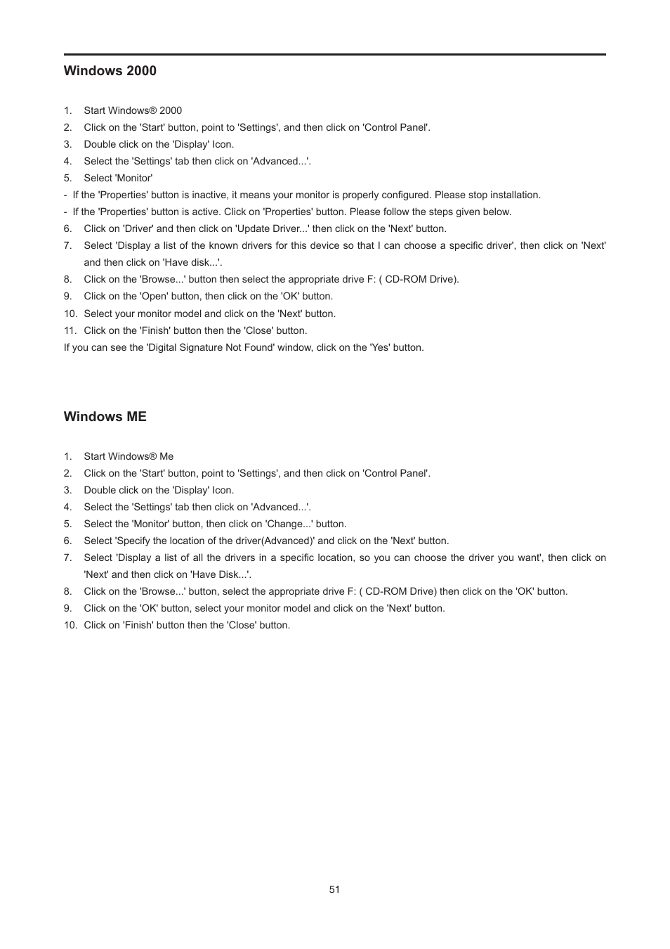 Windows 2000, Windows me, Windows 2000 windows me | AOC E2476VWM6 User Manual | Page 52 / 73