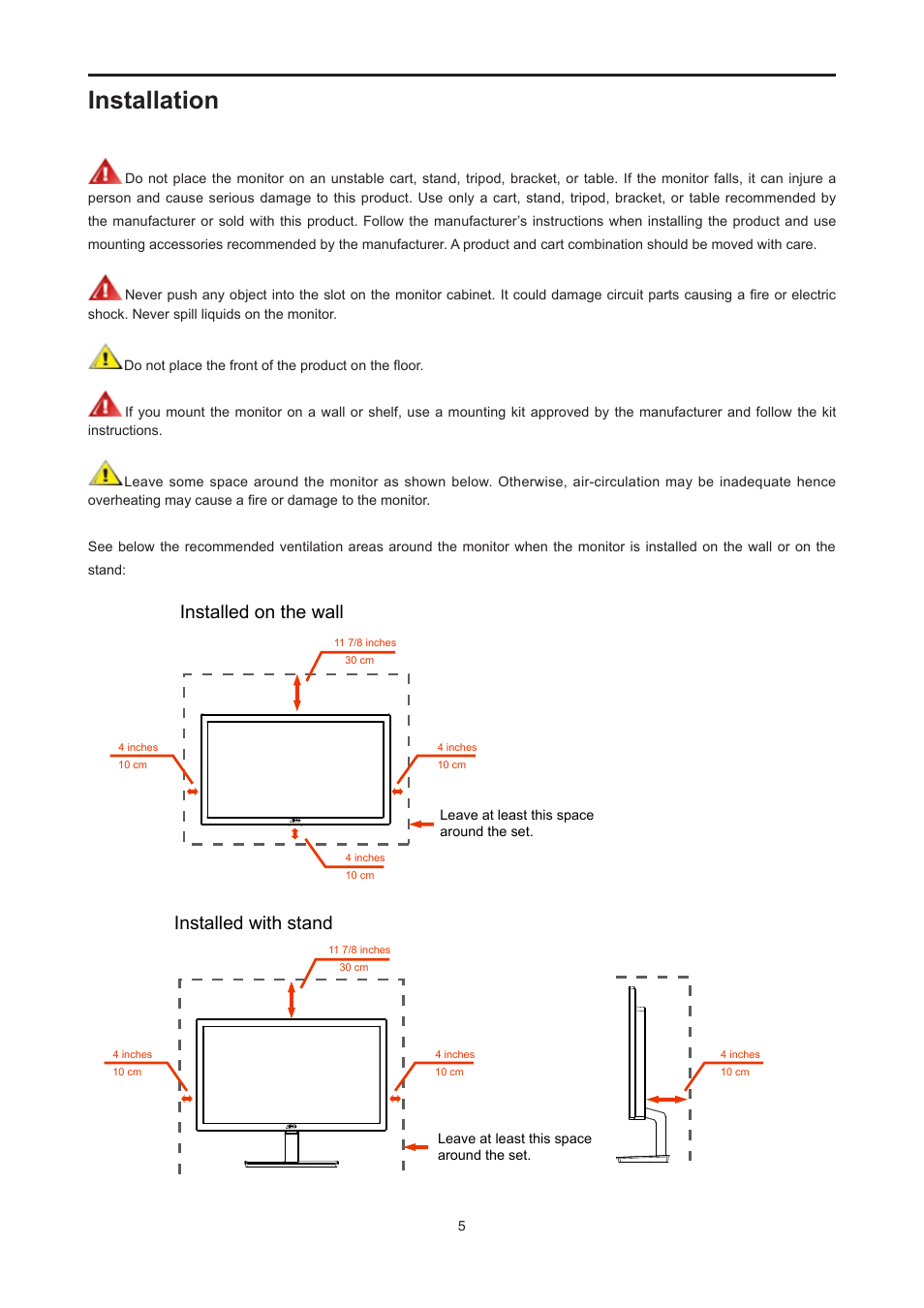 Installation, Installed with stand installed on the wall | AOC E2476VWM6 User Manual | Page 6 / 73