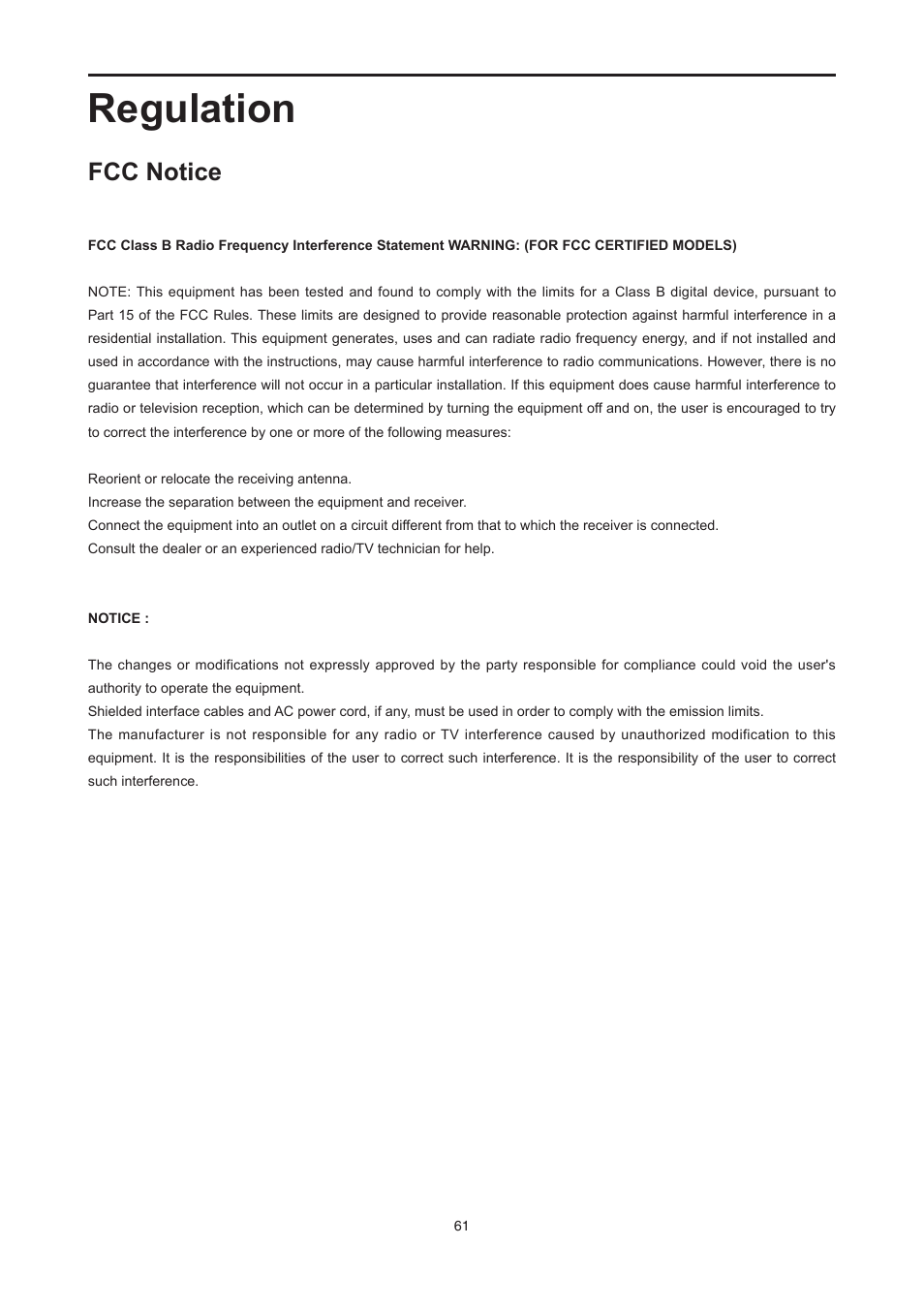 Regulation, Fcc notice | AOC E2476VWM6 User Manual | Page 62 / 73