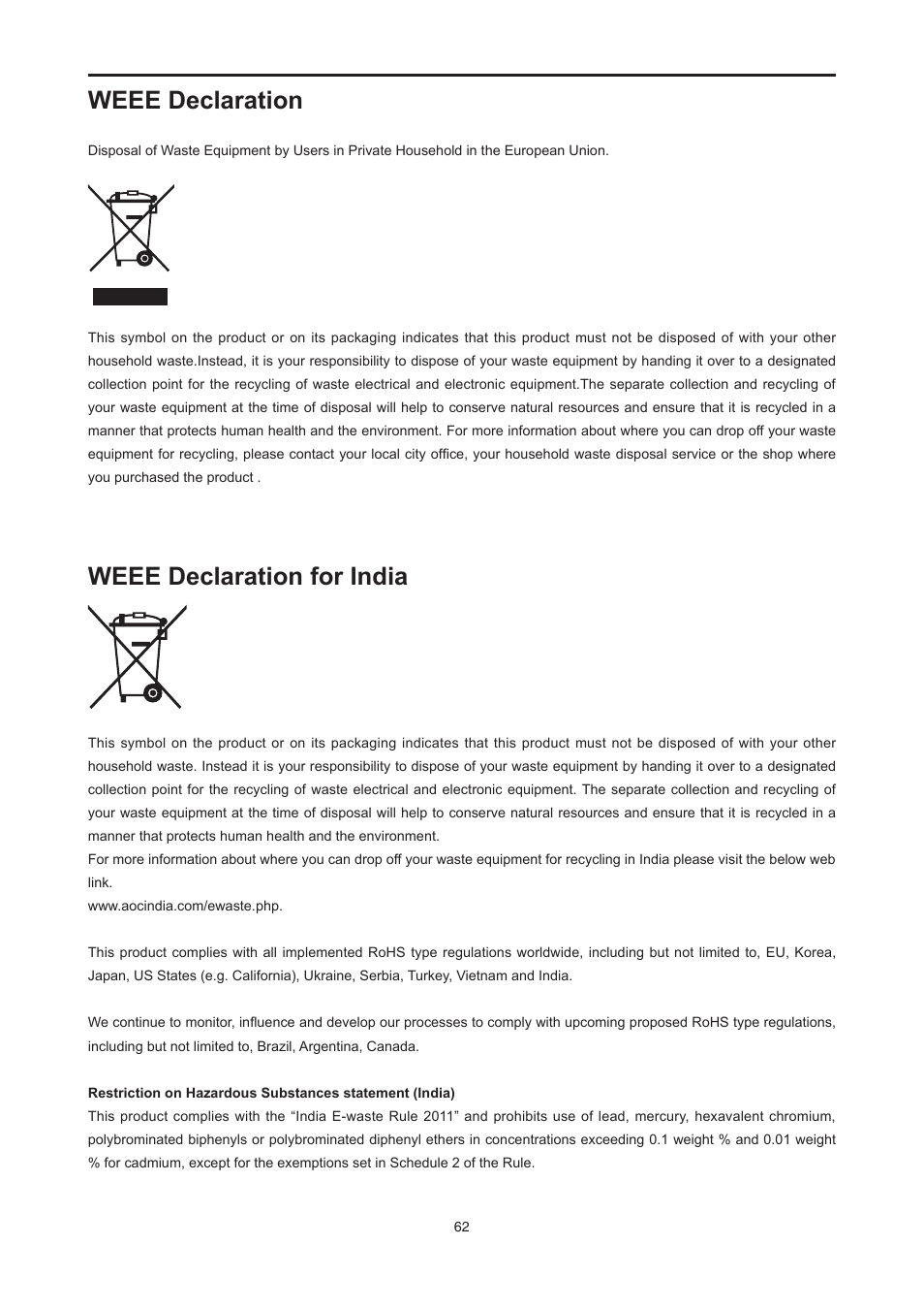 Weee declaration, Weee declaration for india, Weee declaration weee declaration for india | AOC E2476VWM6 User Manual | Page 63 / 73