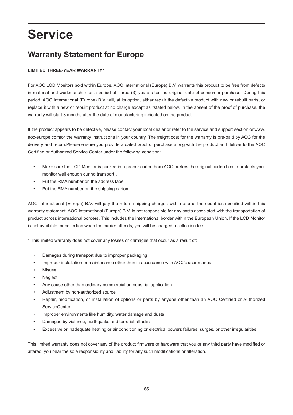 Service, Warranty statement for europe | AOC E2476VWM6 User Manual | Page 66 / 73