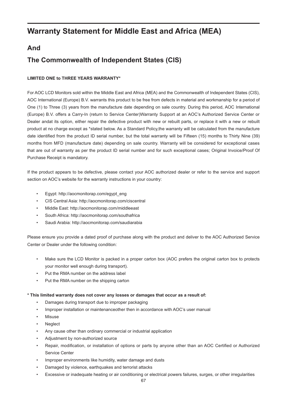 And the commonwealth of independent states (cis) | AOC E2476VWM6 User Manual | Page 68 / 73