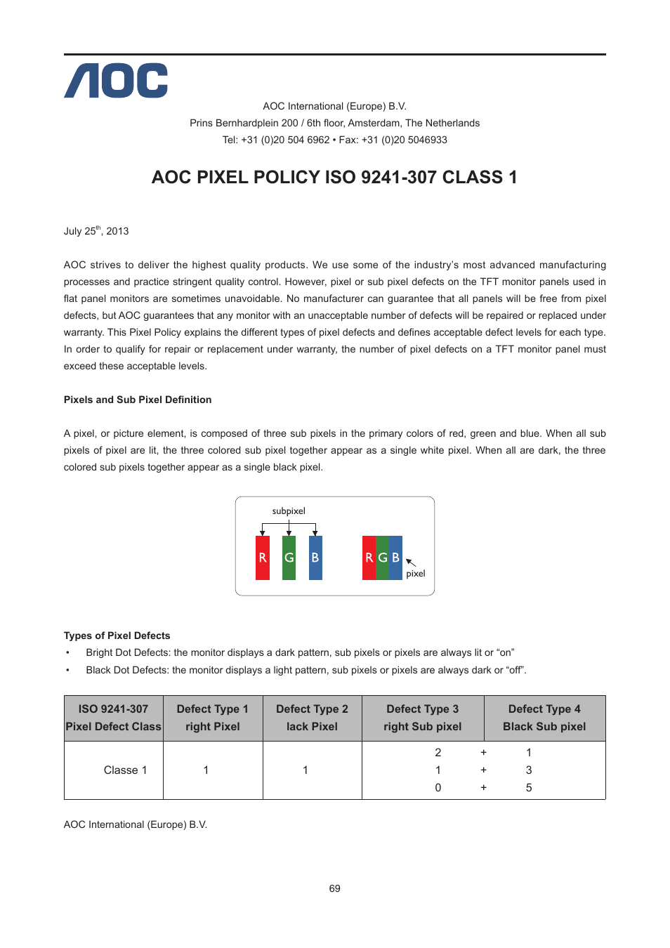 Aoc pixel policy iso 9241-307 class 1 | AOC E2476VWM6 User Manual | Page 70 / 73
