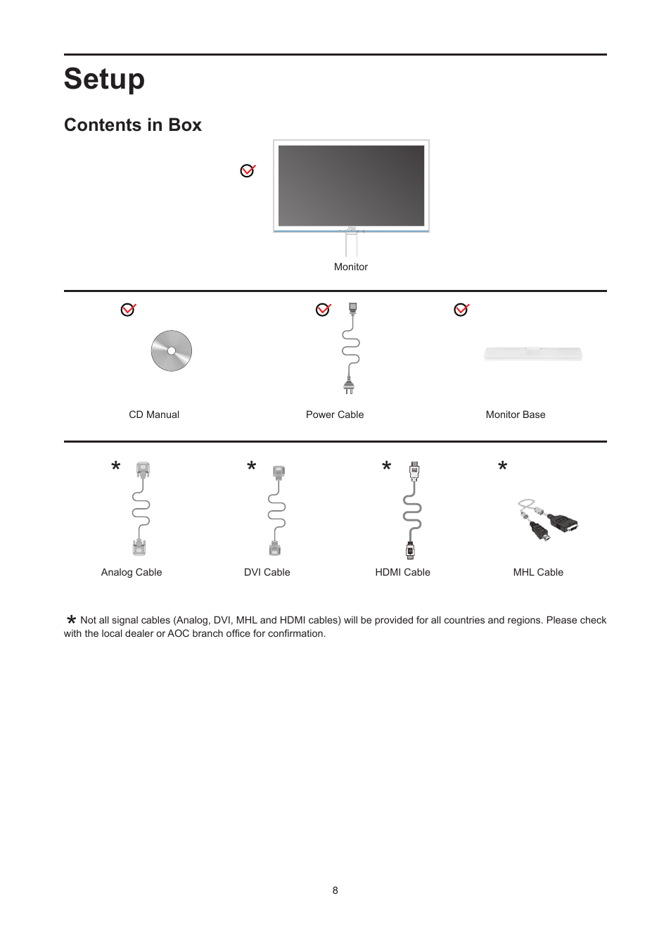 Setup, Contents in box | AOC E2476VWM6 User Manual | Page 9 / 73