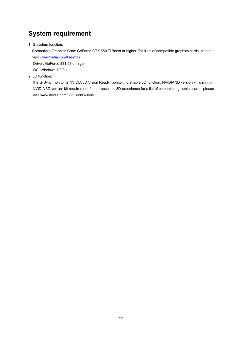System requirement | AOC G2460PG User Manual | Page 12 / 55