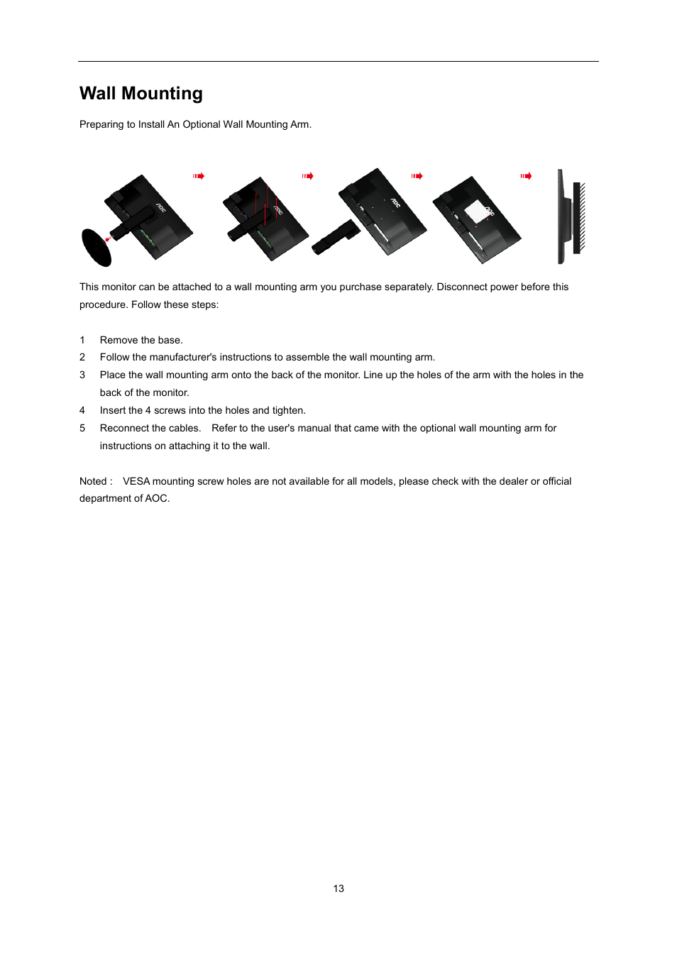 Wall mounting | AOC G2460PG User Manual | Page 13 / 55