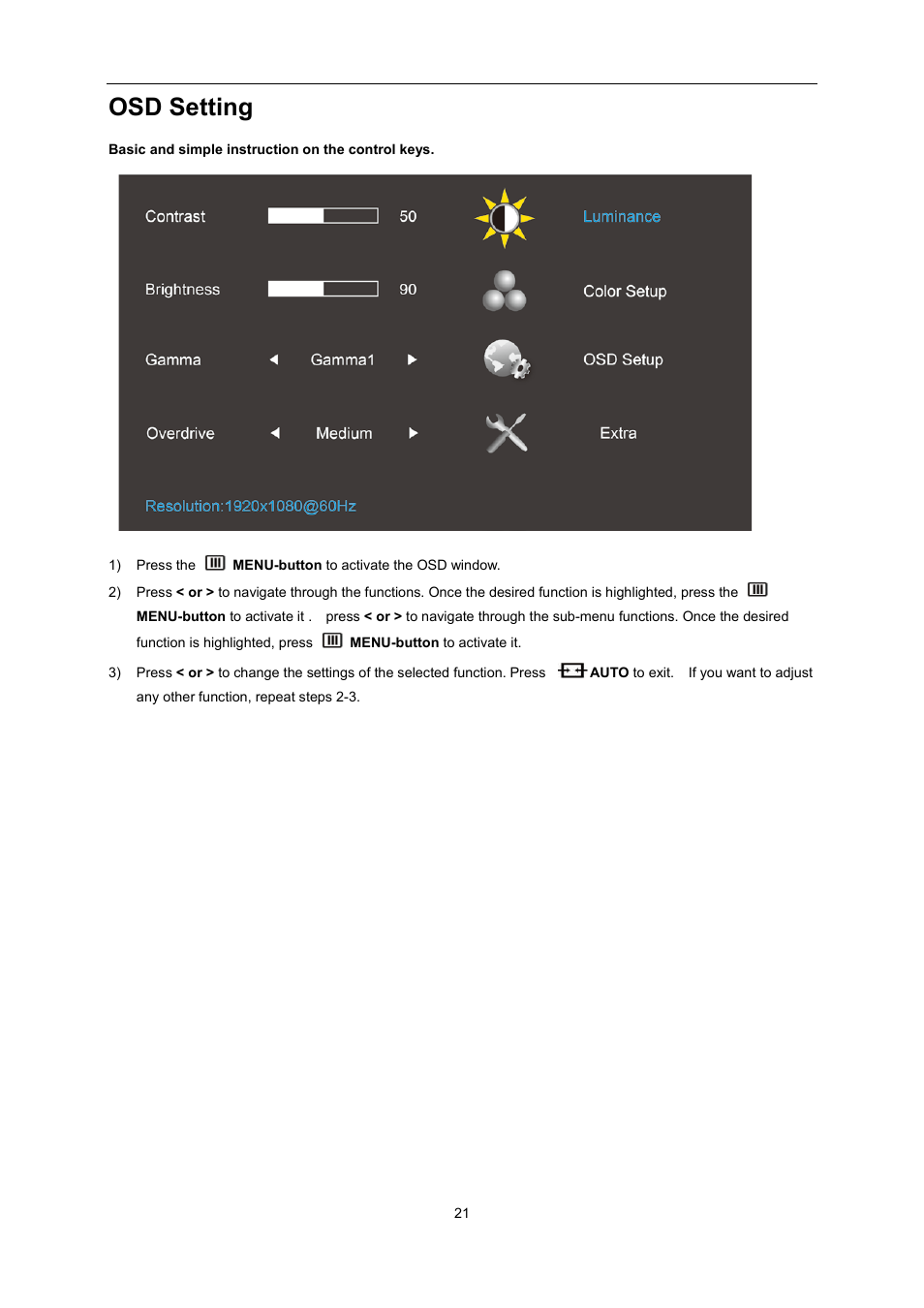 Osd setting | AOC G2460PG User Manual | Page 21 / 55