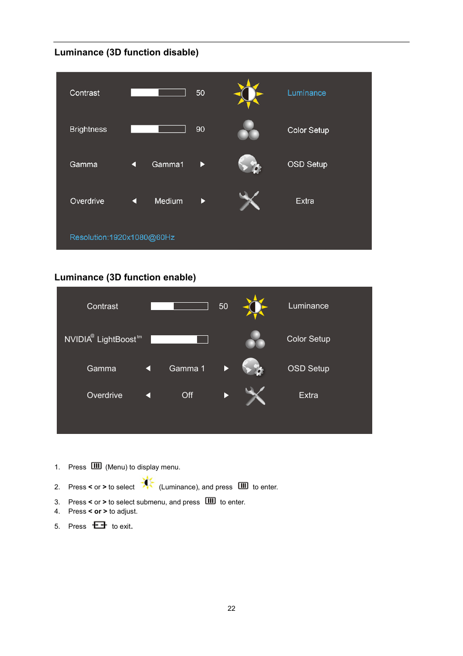 Luminance (3d function disable), Luminance (3d function enable) | AOC G2460PG User Manual | Page 22 / 55