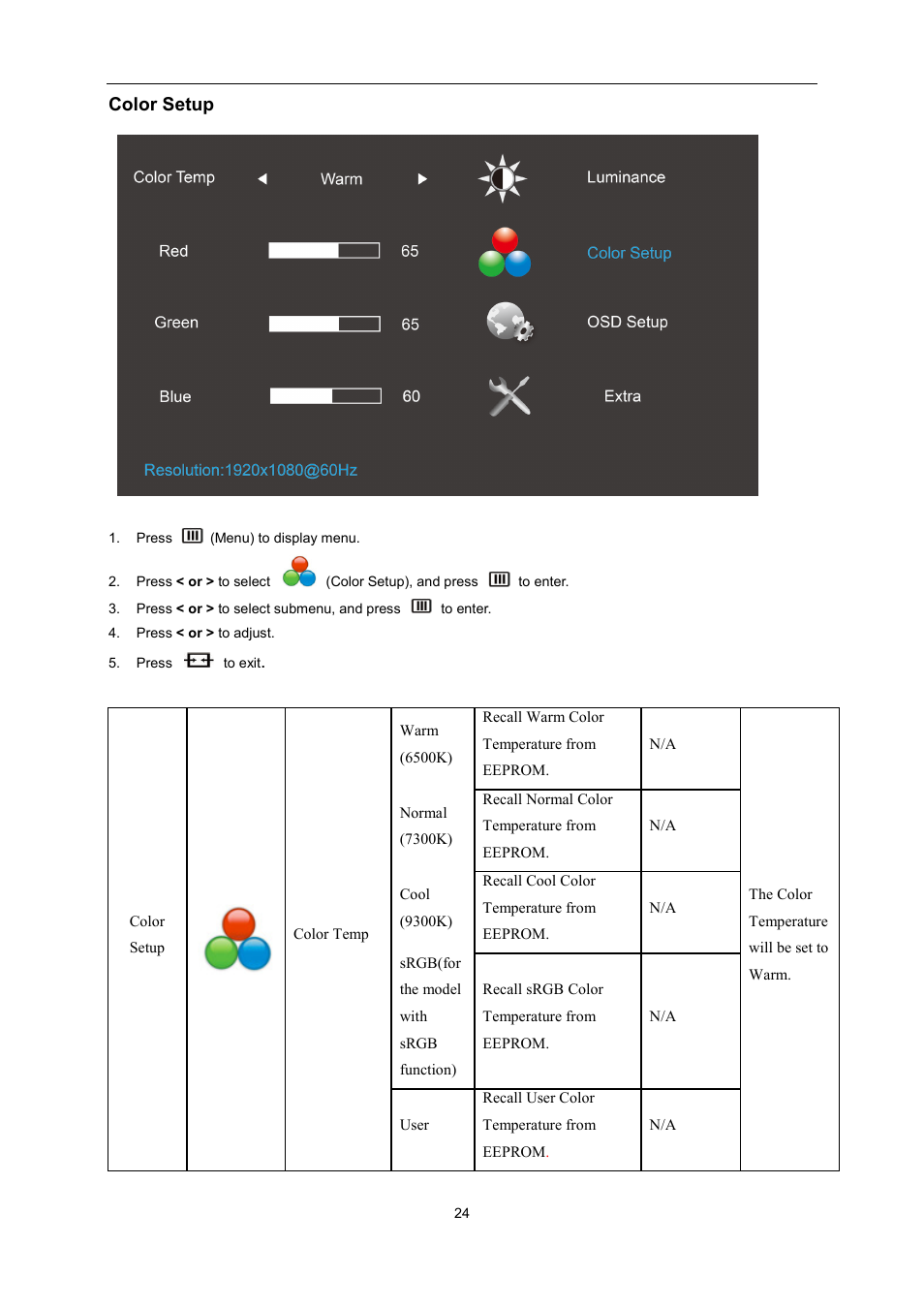 Color setup | AOC G2460PG User Manual | Page 24 / 55