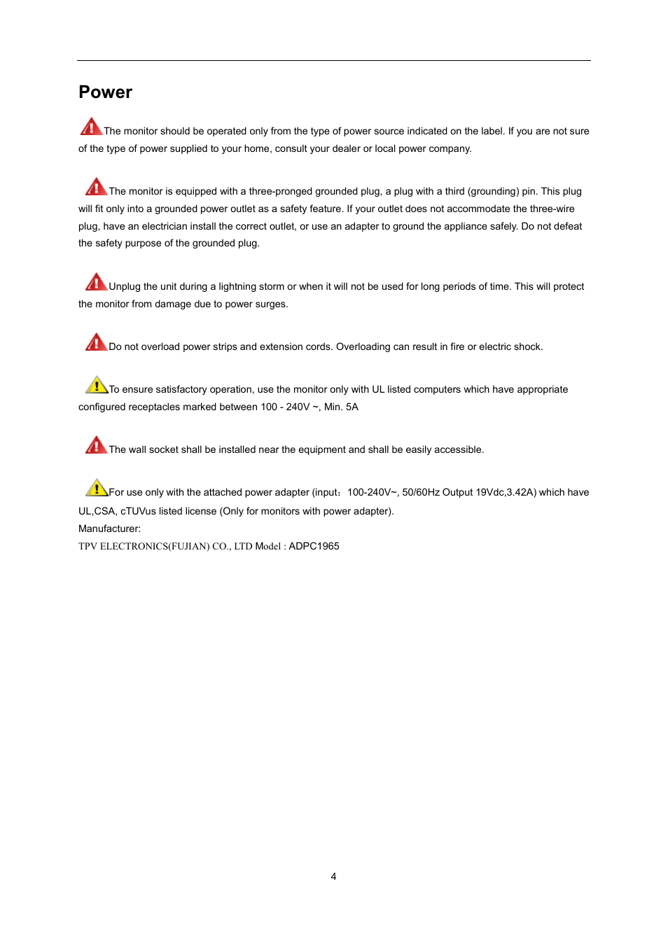 Power | AOC G2460PG User Manual | Page 4 / 55