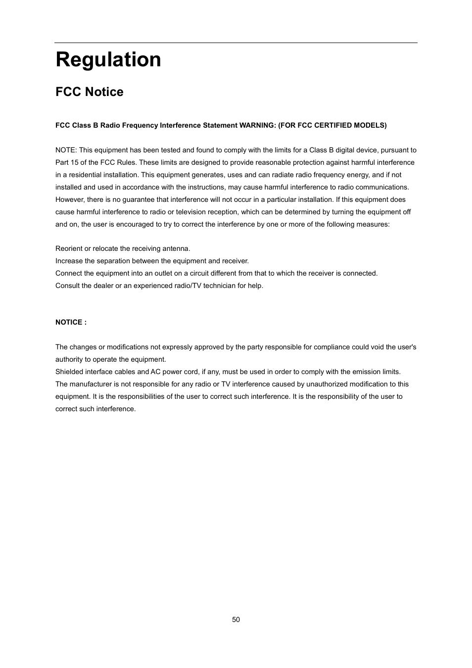 Regulation, Fcc notice | AOC G2460PG User Manual | Page 50 / 55