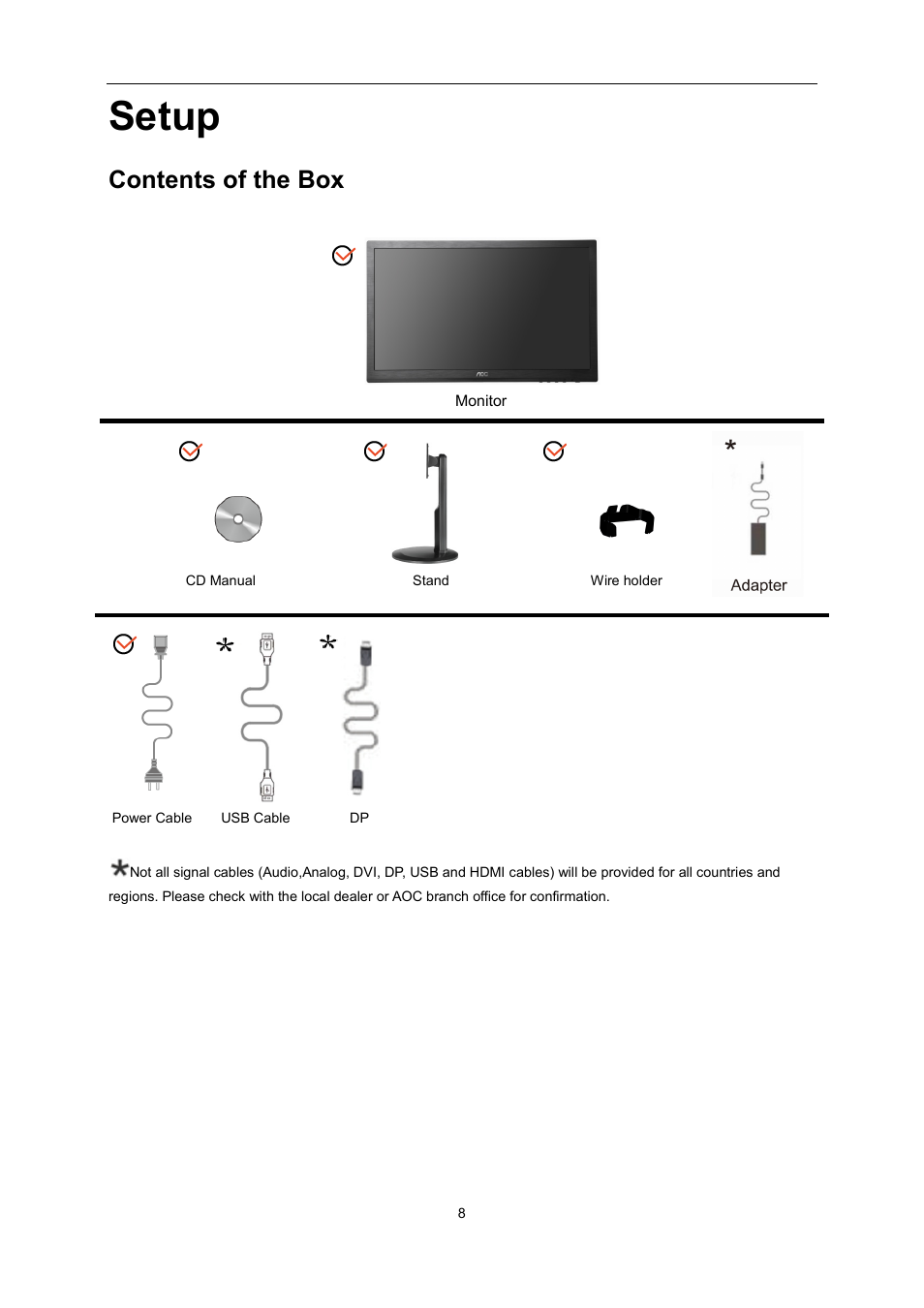 Setup, Contents of the box | AOC G2460PG User Manual | Page 8 / 55