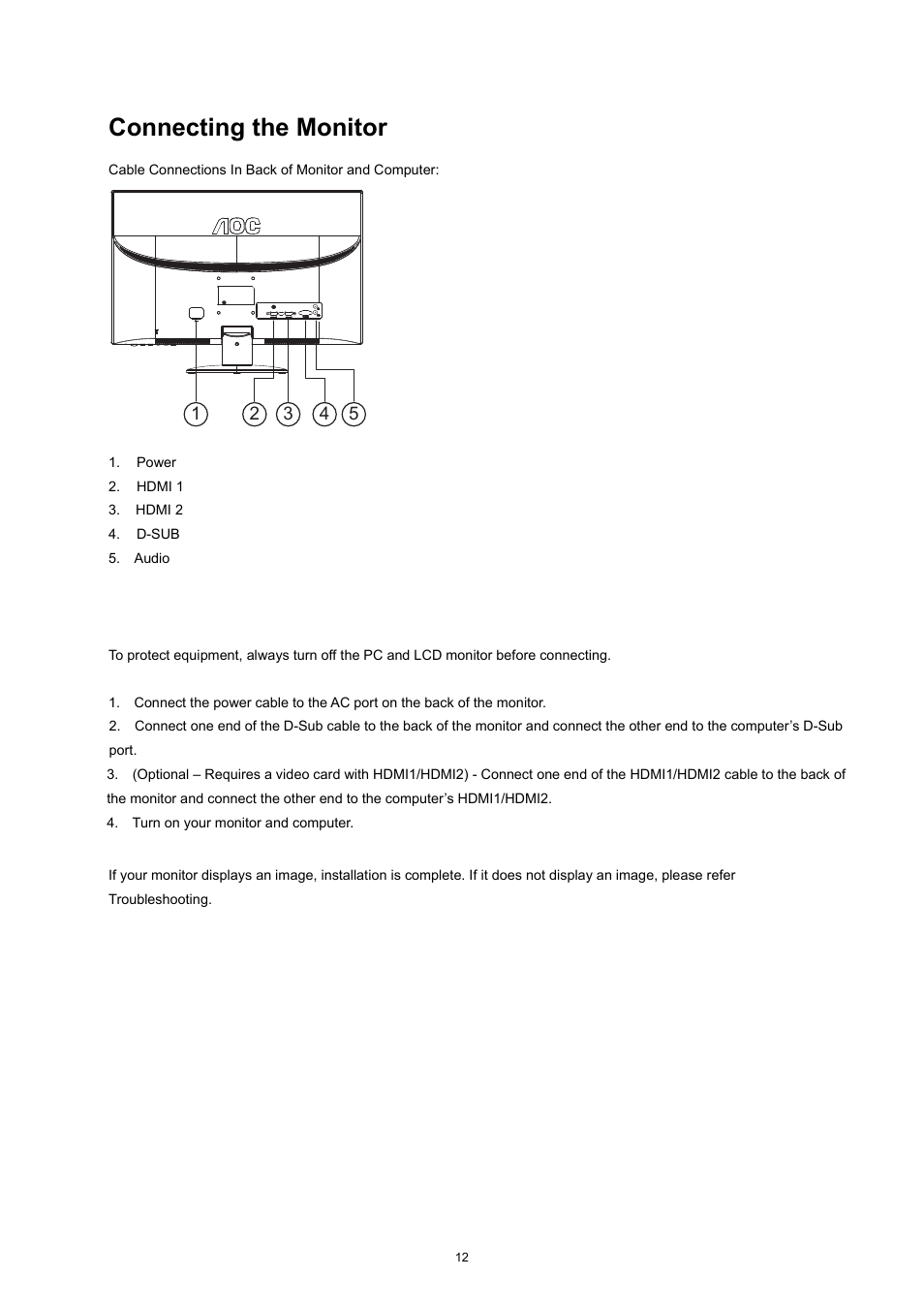 Connecting the monitor | AOC e2752She User Manual | Page 12 / 61