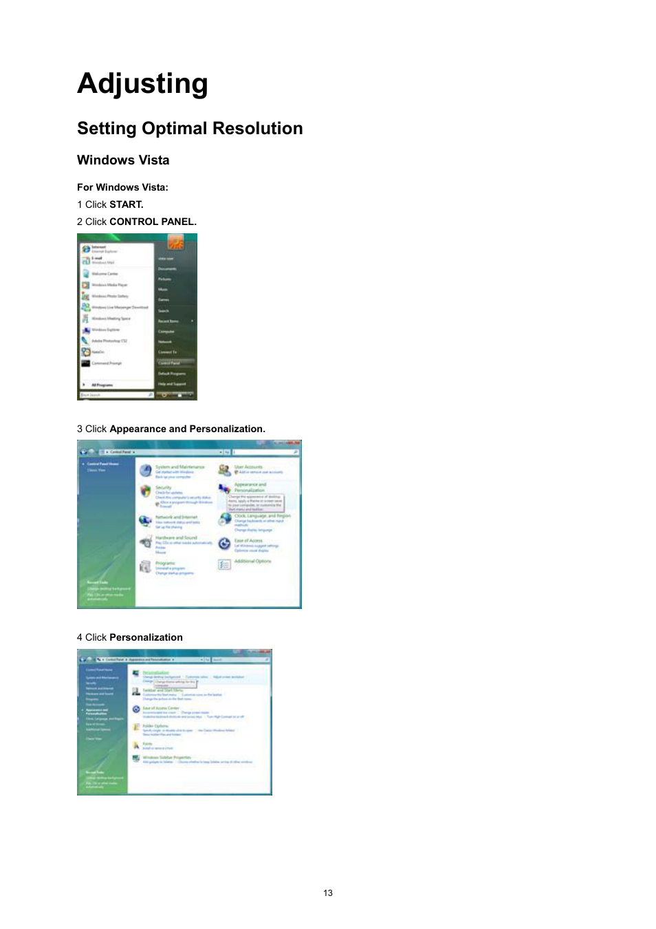 Adjusting, Setting optimal resolution, Windows vista | AOC e2752She User Manual | Page 13 / 61