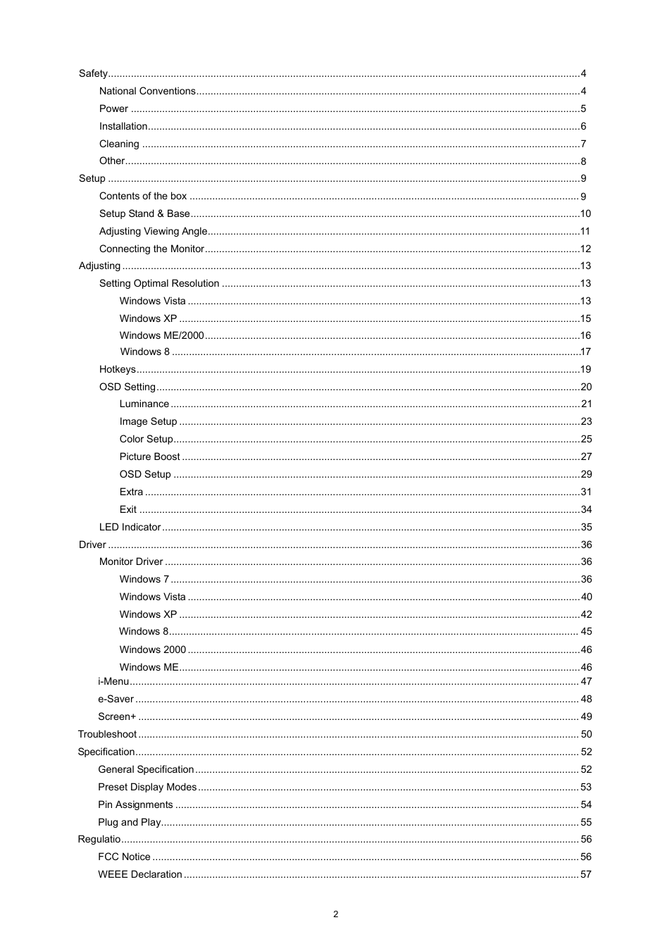 AOC e2752She User Manual | Page 2 / 61