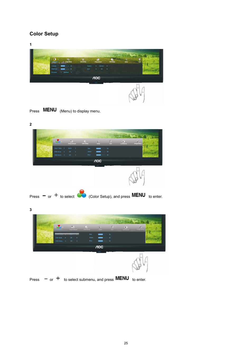 Color setup | AOC e2752She User Manual | Page 25 / 61